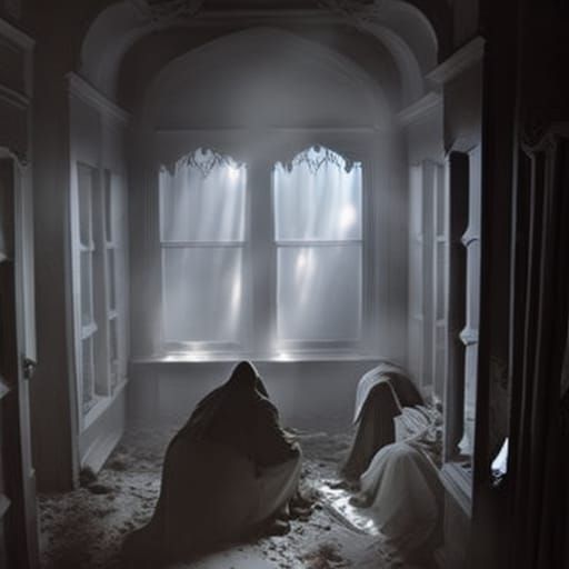 Ethereal Ghosts Gaze from Haunted Victorian House