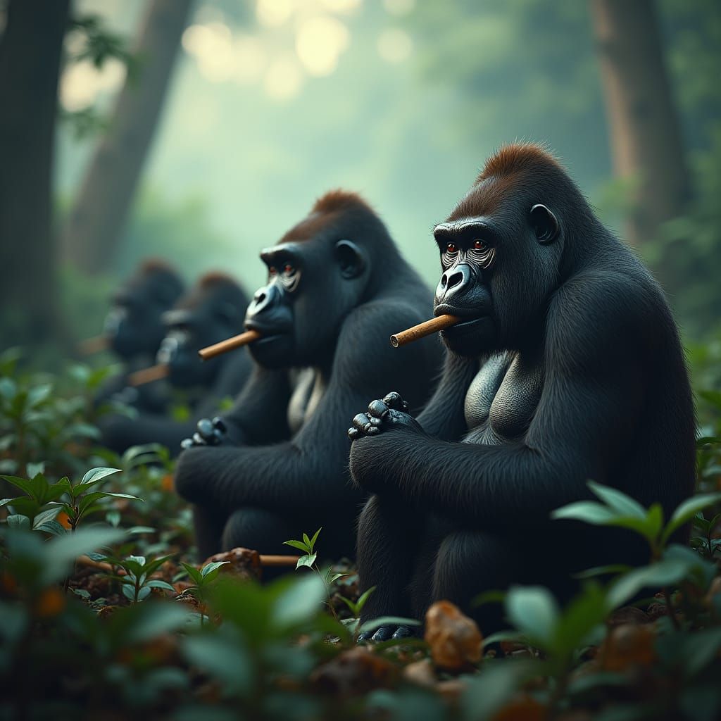 Gorillas Smoking Cigars in Hyperrealistic Jungle Scene