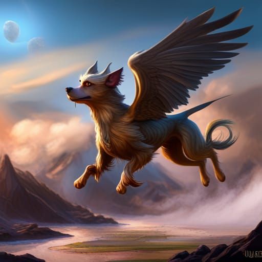 Fantastical Flying Dog in Detailed Matte Painting