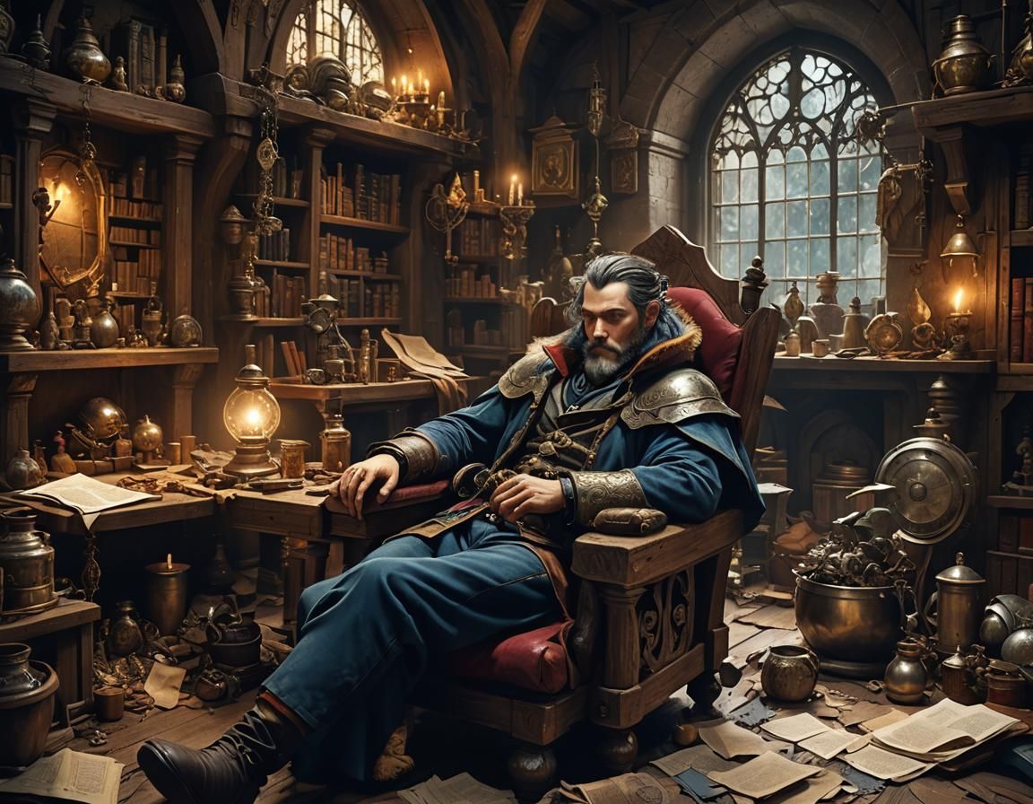 Alchemist Asleep in Medieval Lair: Fantasycore Art
