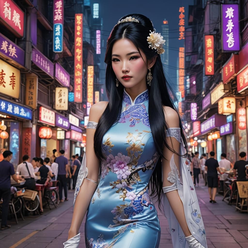 Chinese Woman in Cheongsam Amidst Cityscape