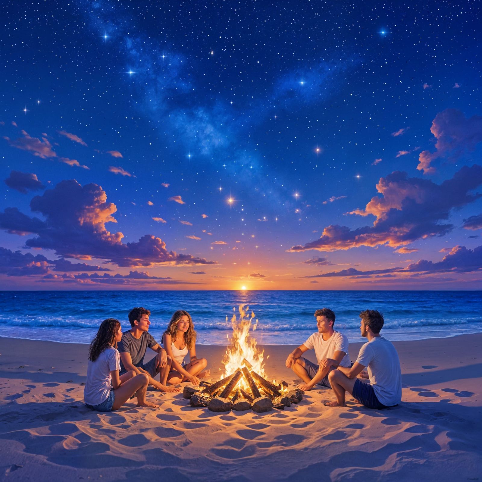 Bonfire Under the Stars on a Summer Beach