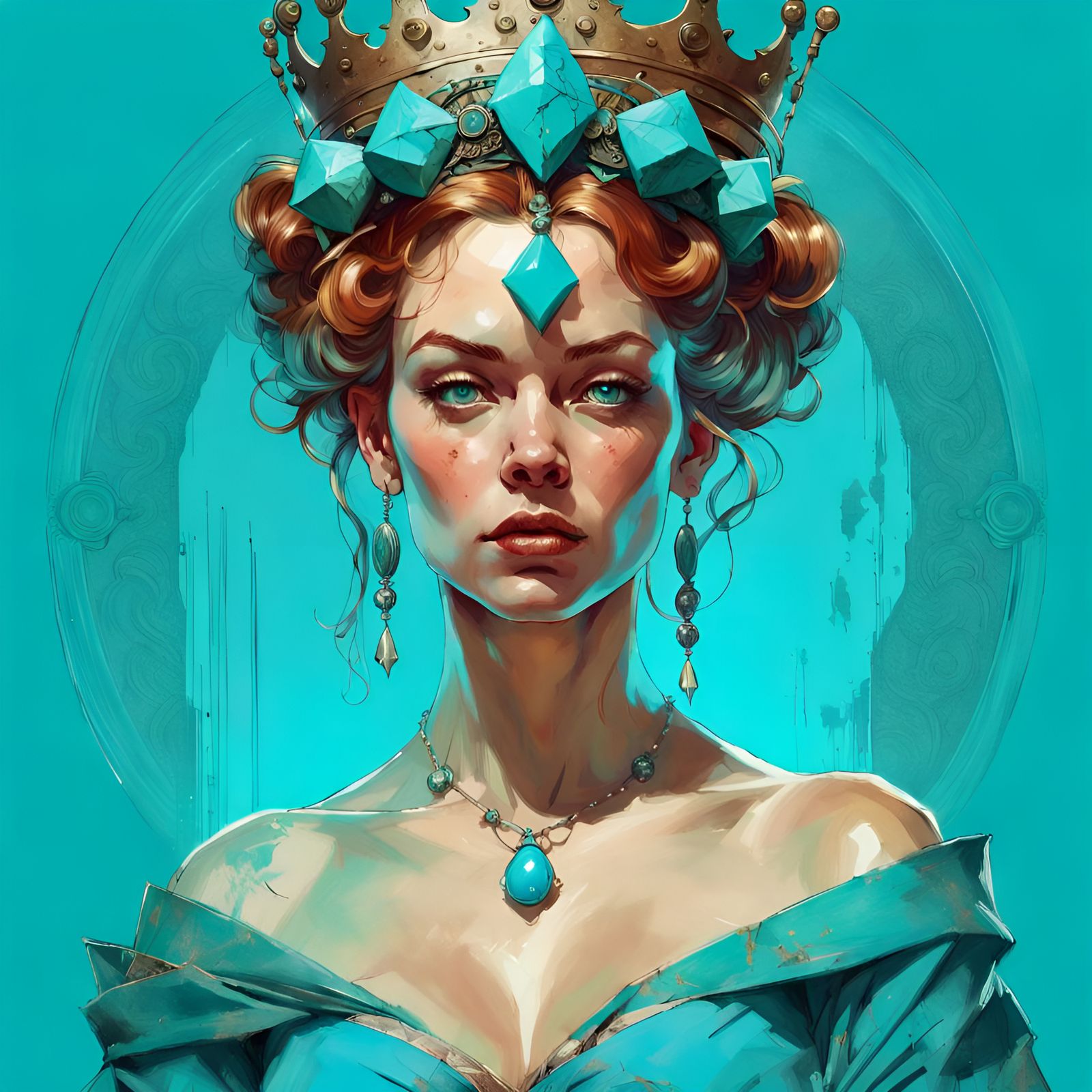 Gorgeous Turquoise Queen Portrait in Digital Illustration St...