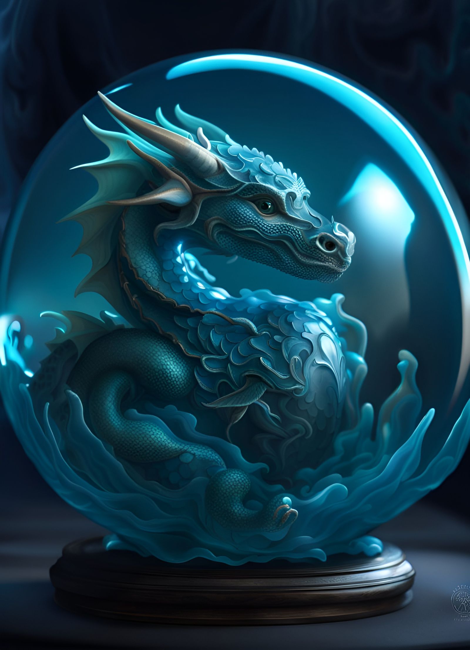 Baby Turquoise Dragon in Glass Sphere, Hyperrealistic Art