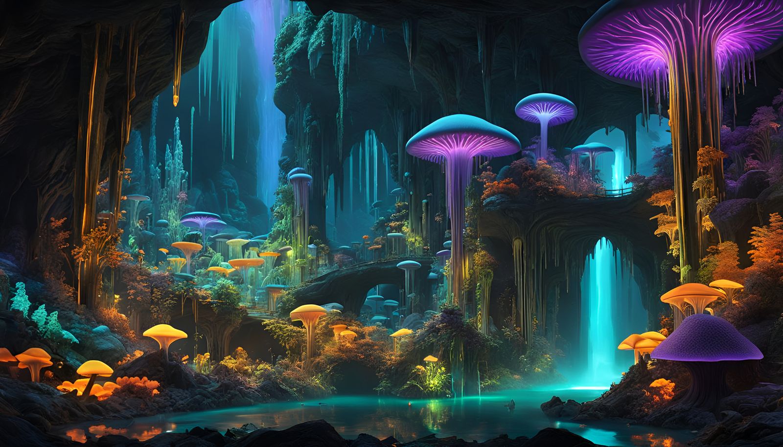 Bioluminescent City in Underground Cavern