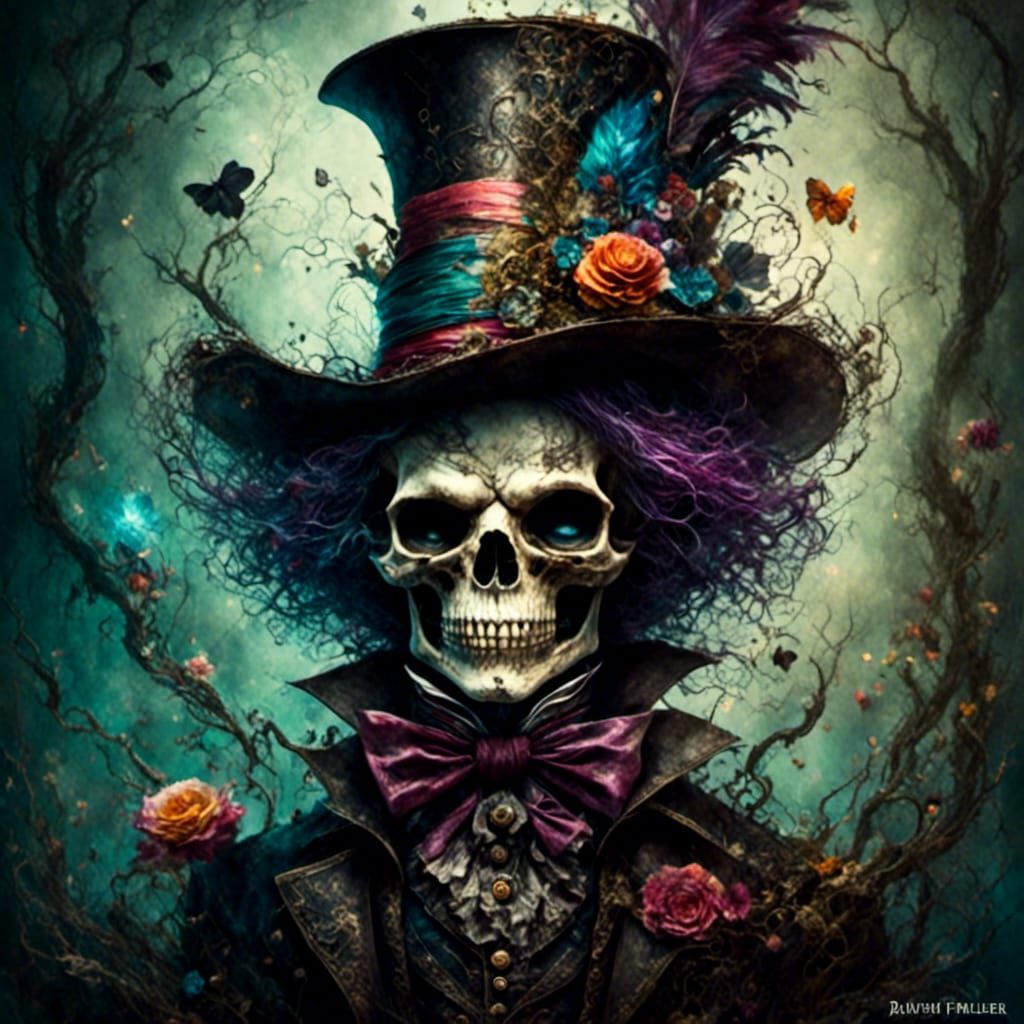 Vibrant Sugar Skull Mad Hatter in Mixed Media
