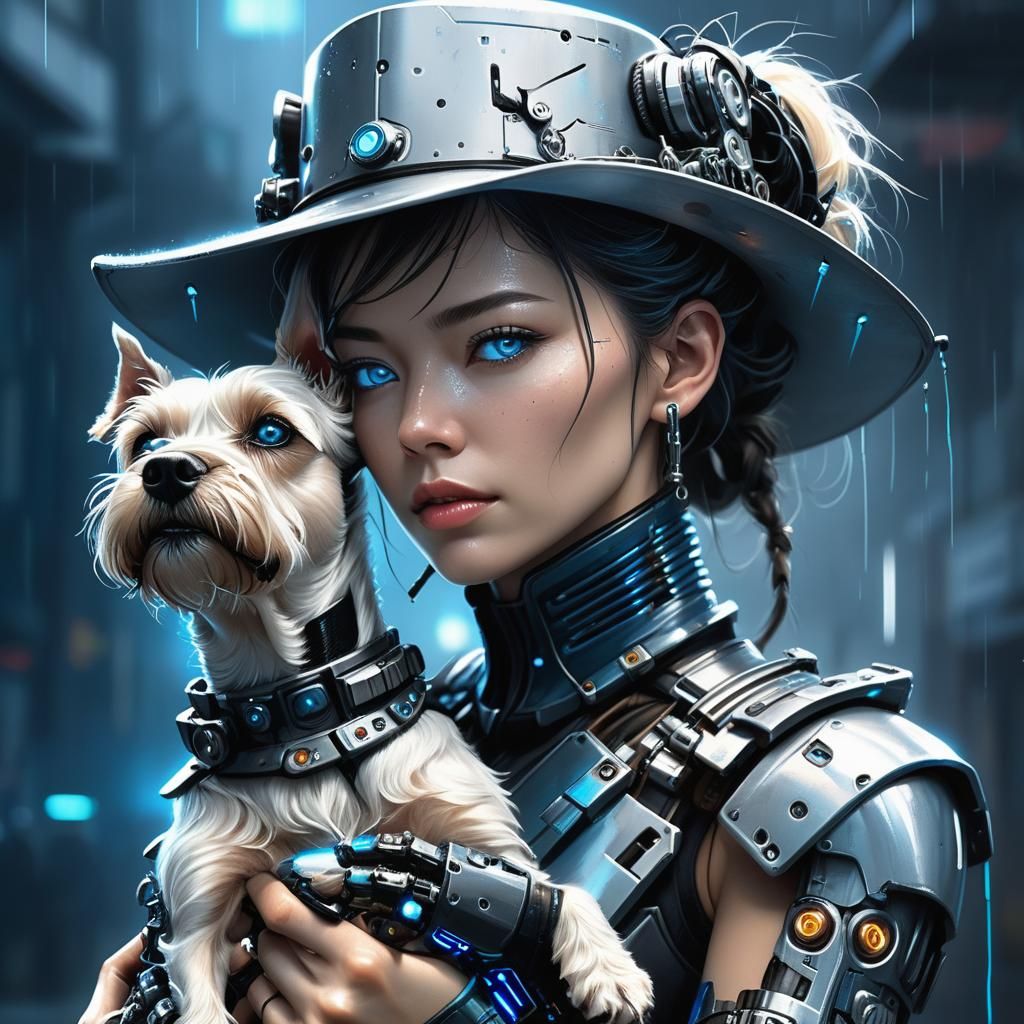 Cyborg And Puppy In The Rain