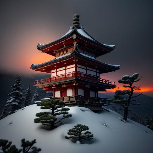 Miniature Temple on Fuji in Snowy Ukiyo-e Style