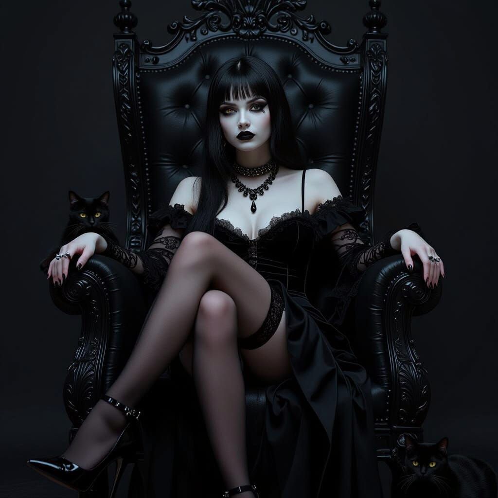 Goth Girl Poses on Black Throne with Cats