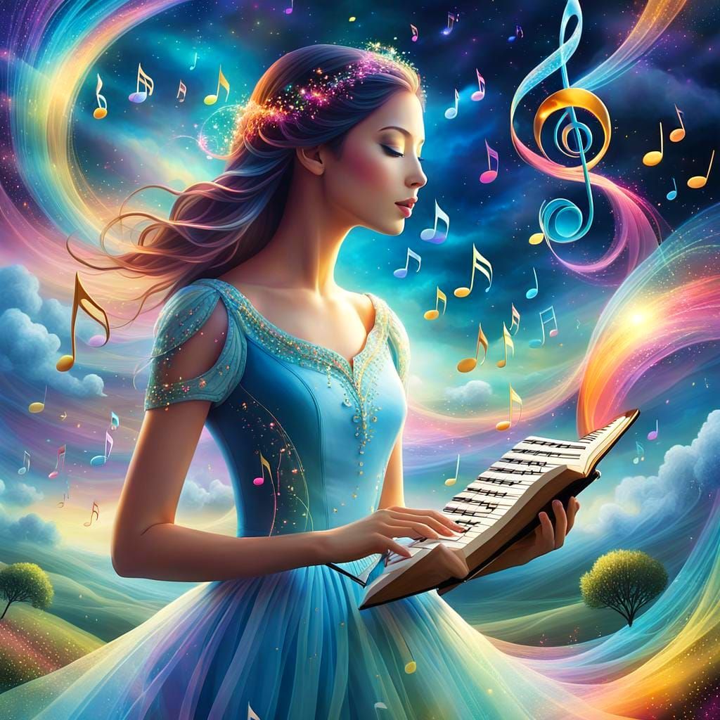 Musical Notes Dance in Dreamy Ethereal Landscape