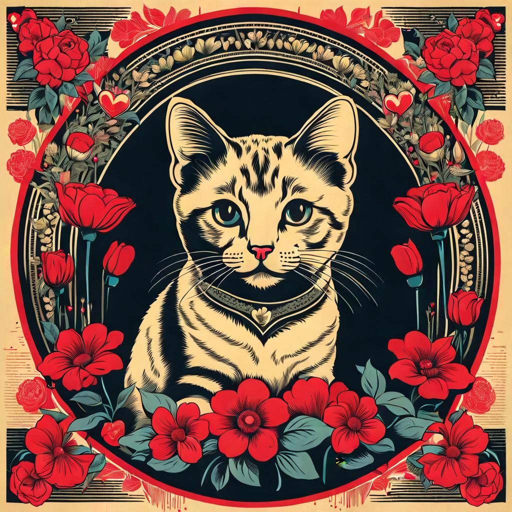 Cat Surrounded by Flowers in Street Art Style