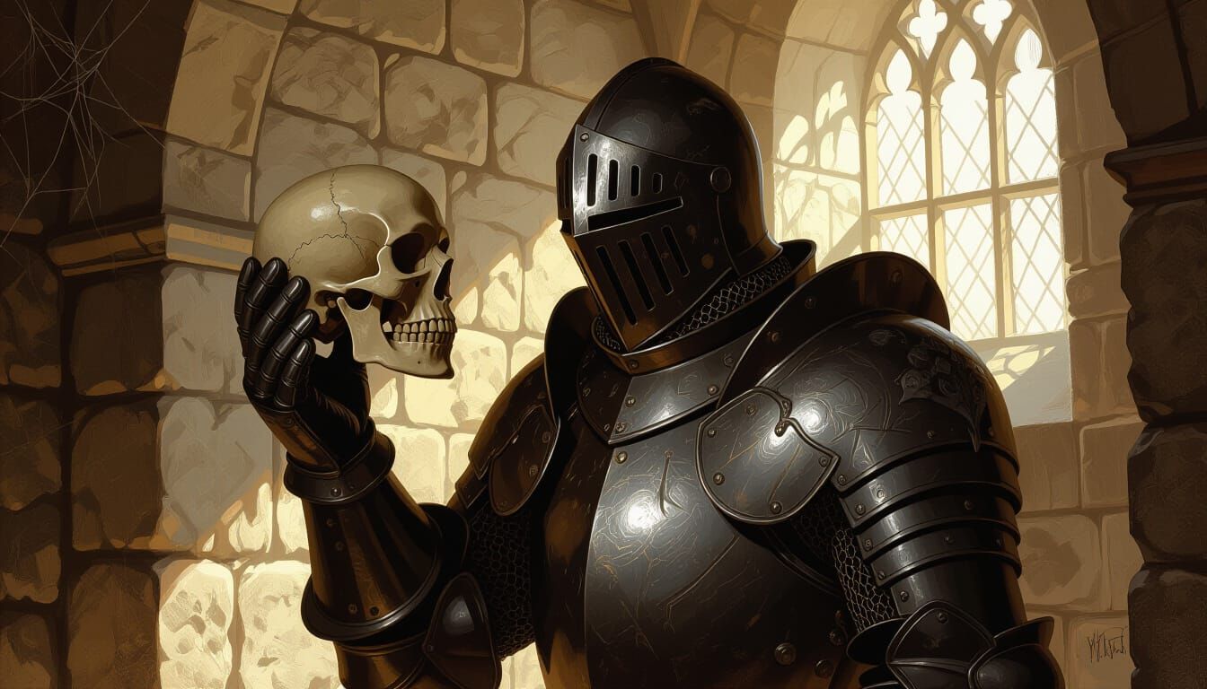 Knight Inspects Skull in Dimly Lit Chamber