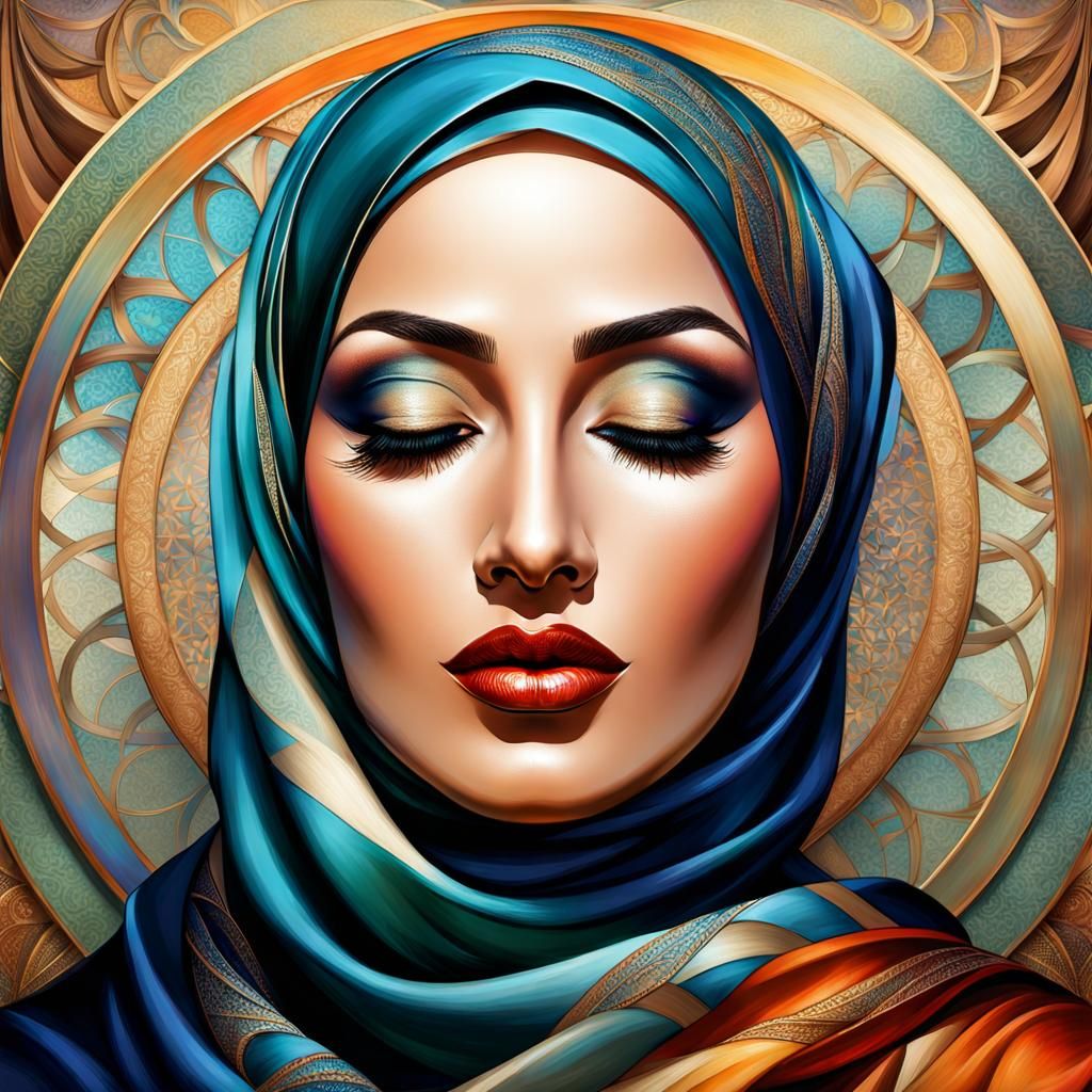 Confident Woman in Hijab: Retro Digital Painting