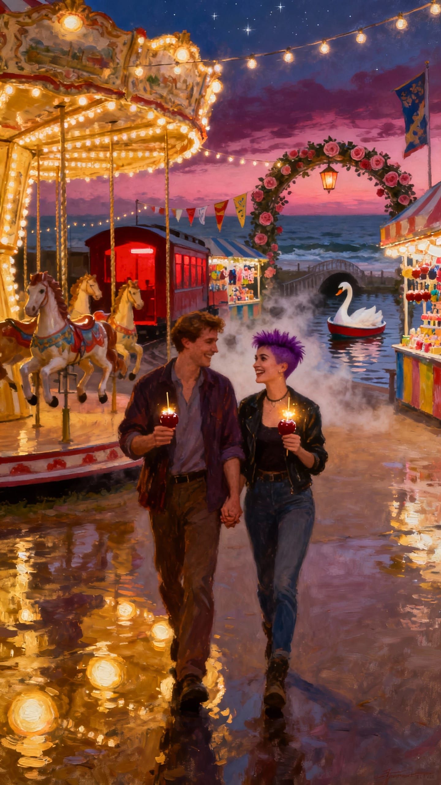 Romantic Twilight Fairground Scene with Couple