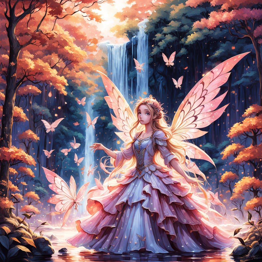 Pink Fairies and Pixies Under Autumn Waterfall at Sunset