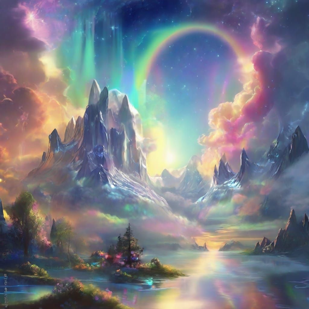 Ethereal Rainbow Over Crystal Mountains and Galaxy Lake