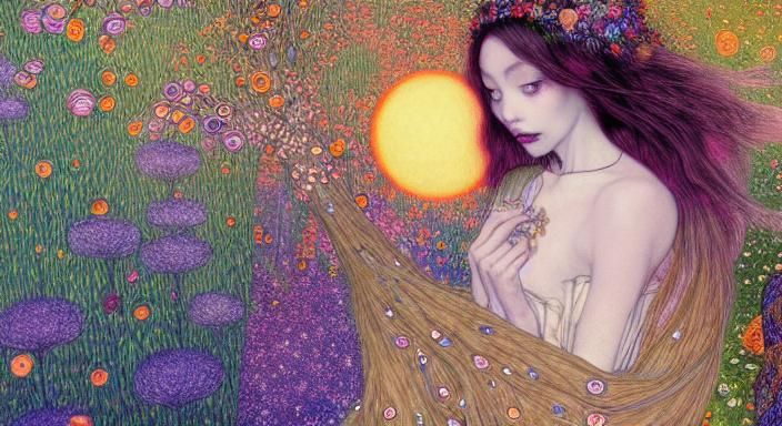 Sunset Hybrid Woman in Magical Network, Art Nouveau Style