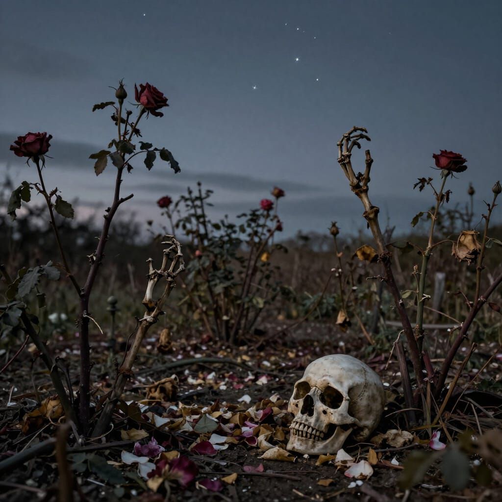 Melancholic Rose Garden at Twilight in Painterly Realism