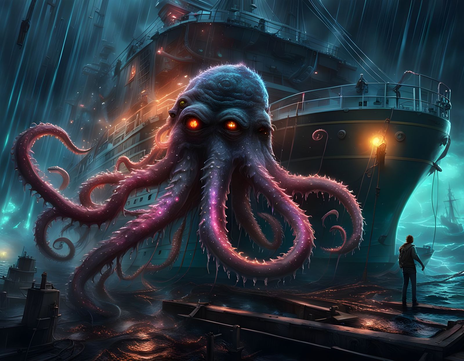 Cyberpunk Abomination in Darkened Harbor