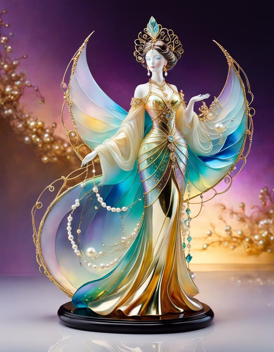 Iridescent Glass Woman Statue with Gold Details