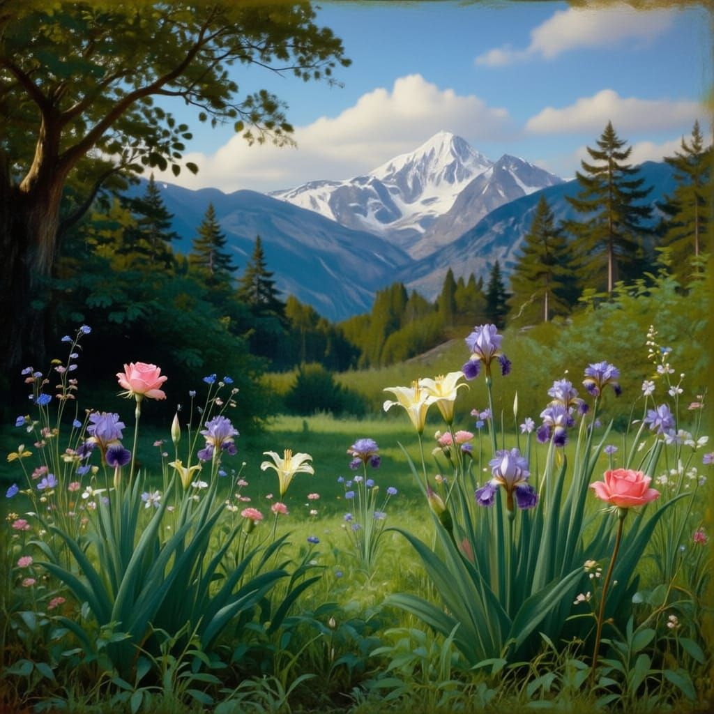 Pre-Raphaelite Garden Landscape with Mountains