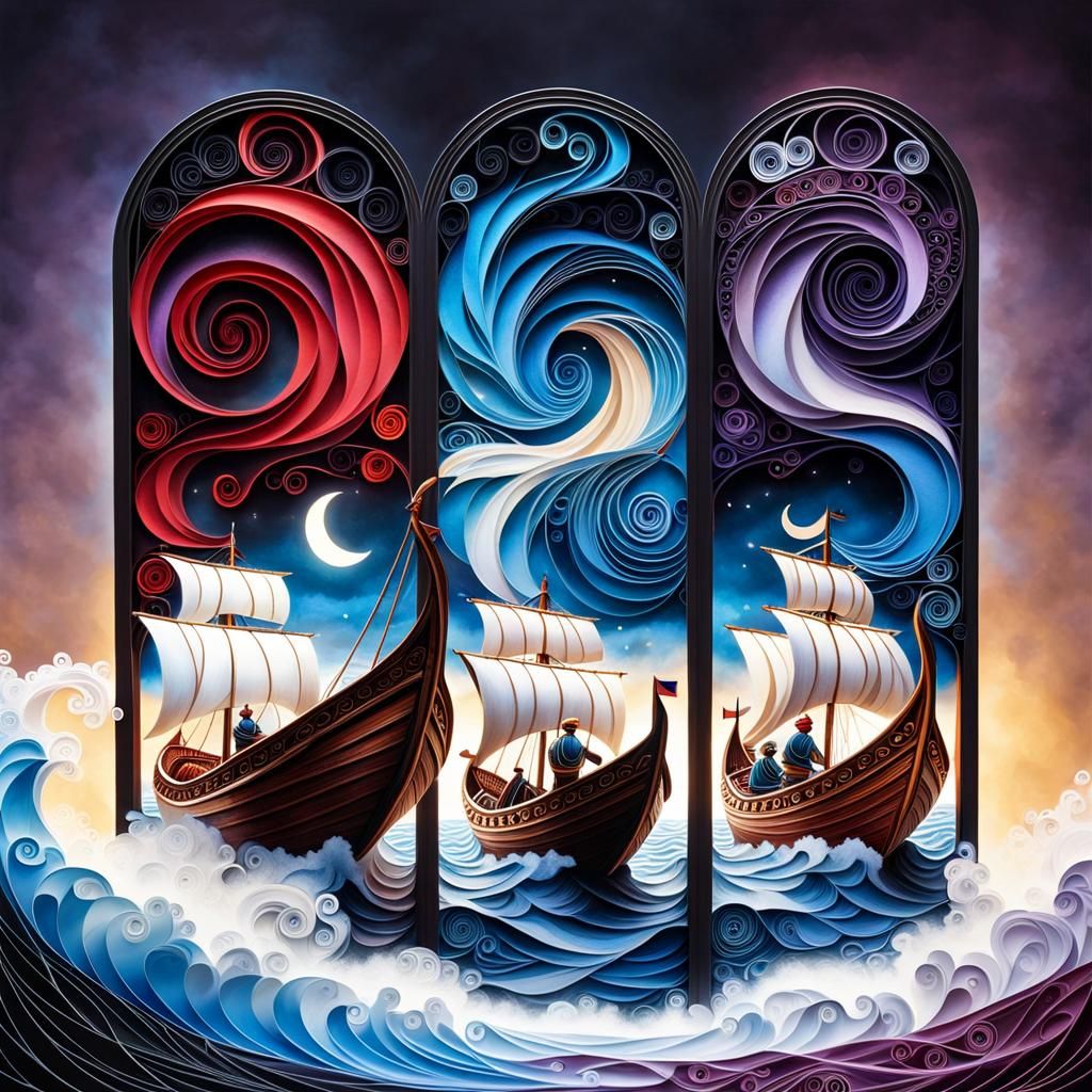 Viking Longboat Triptych in Ethereal Fantasy Style