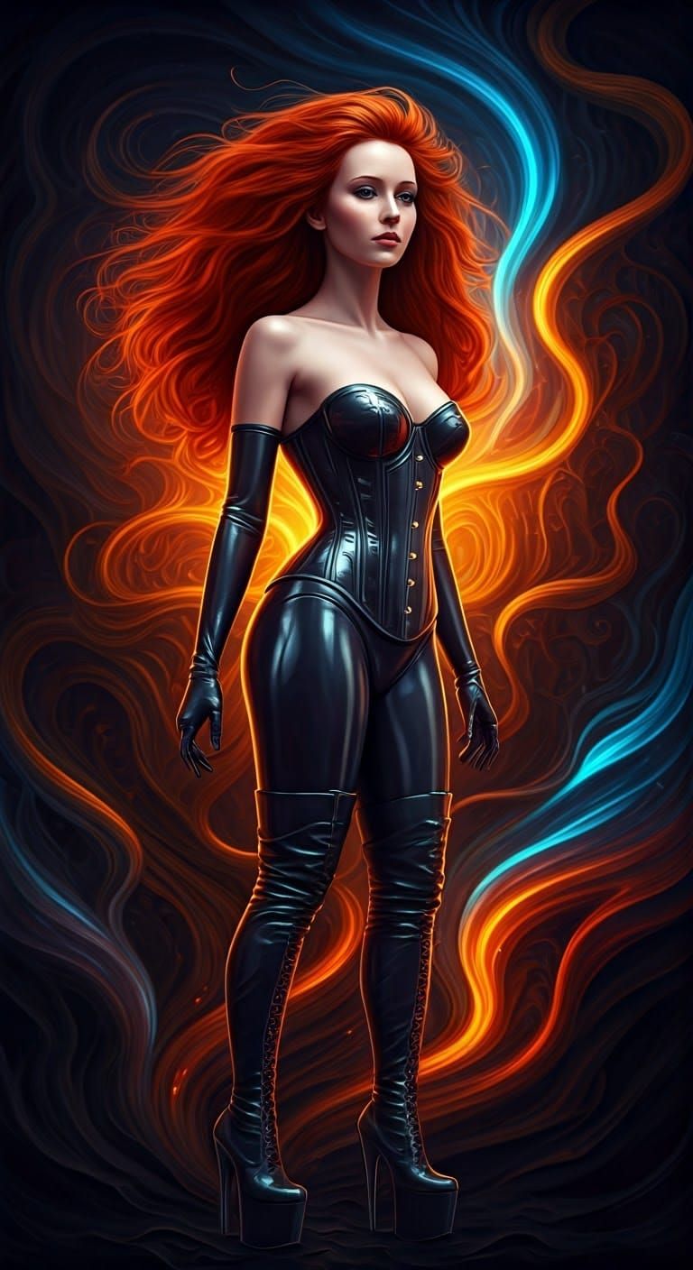 Ethereal Woman in Rubber Corset: Digital Art Nouveau