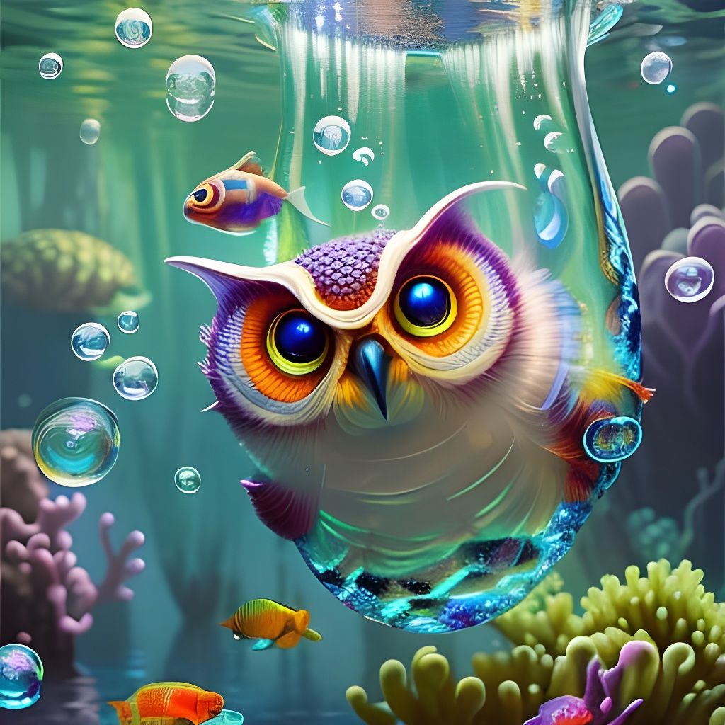 Underwater Owls in Coral Reef with Bubbles