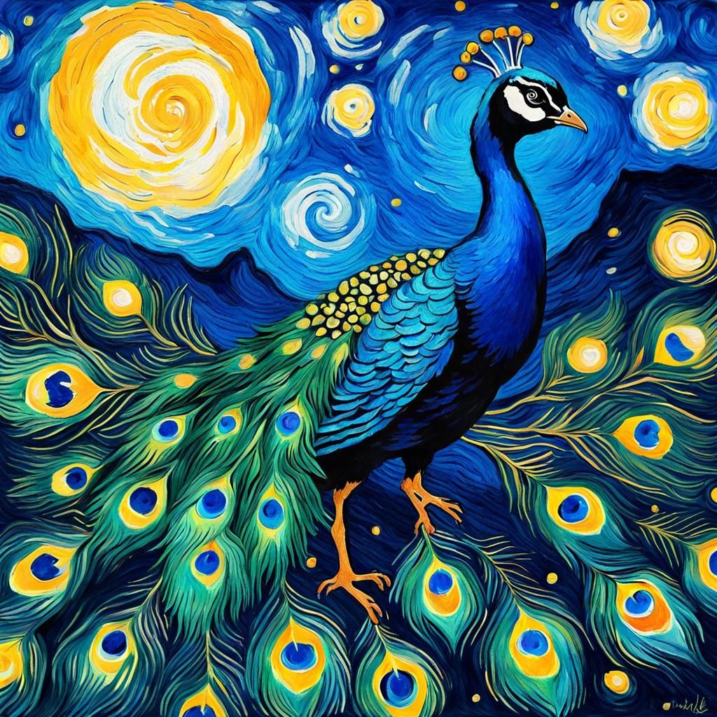 Starry Peacock in Van Gogh Impressionist Style