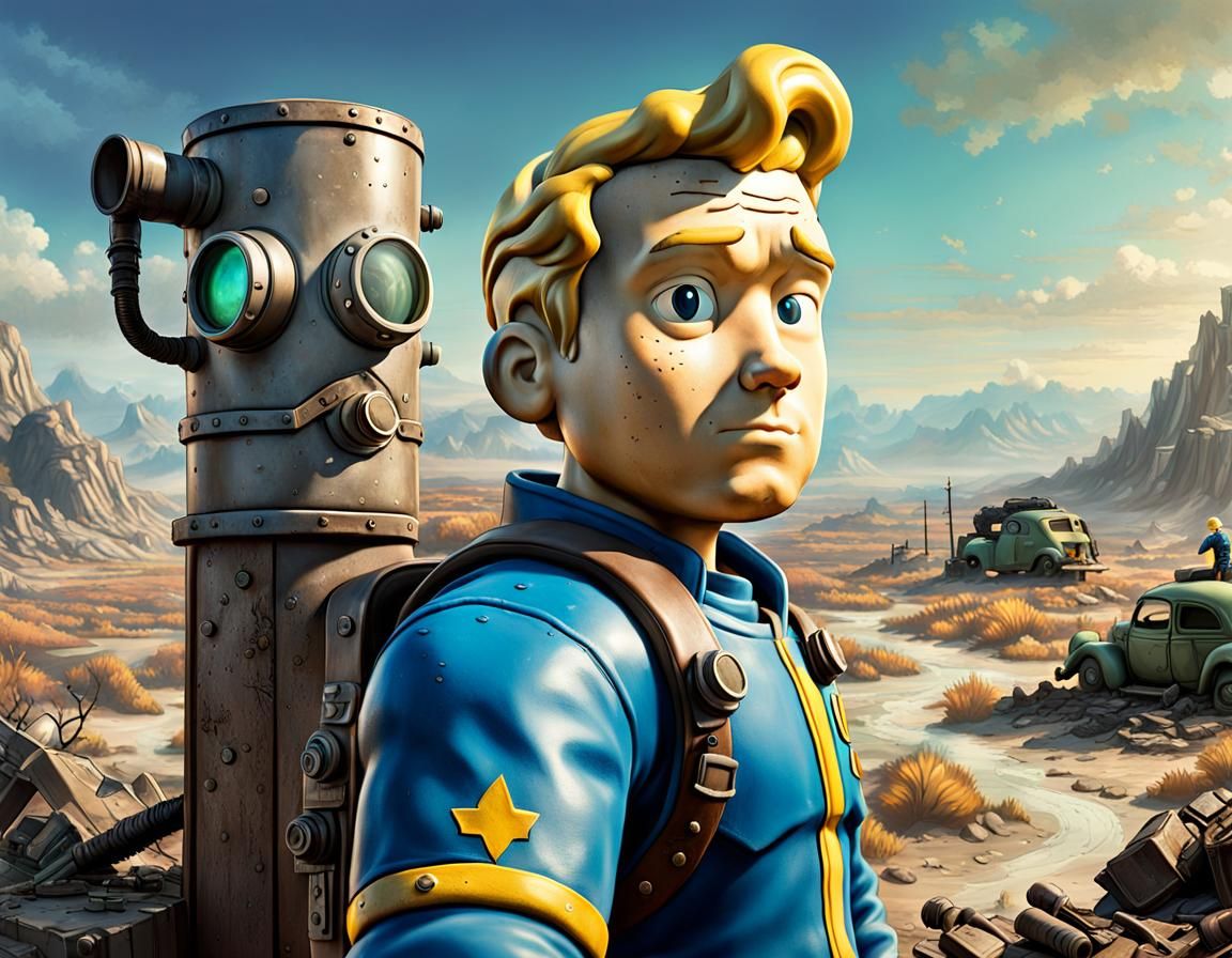 Vault Boy Overlooking Post-Apocalyptic Landscape