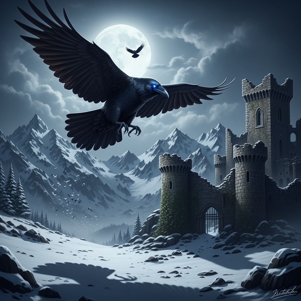 Spectral Raven Soaring Over Moonlit Mountain