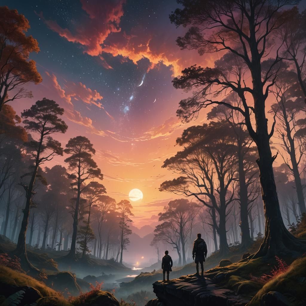 Mystical Figure Gazing at Sunrise: Fantasy Concept Art