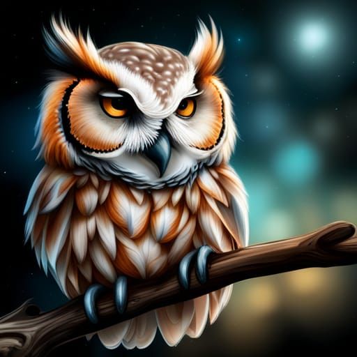Hyperrealistic Owl Sleeping Under Stars, Detailed Digital Ar...