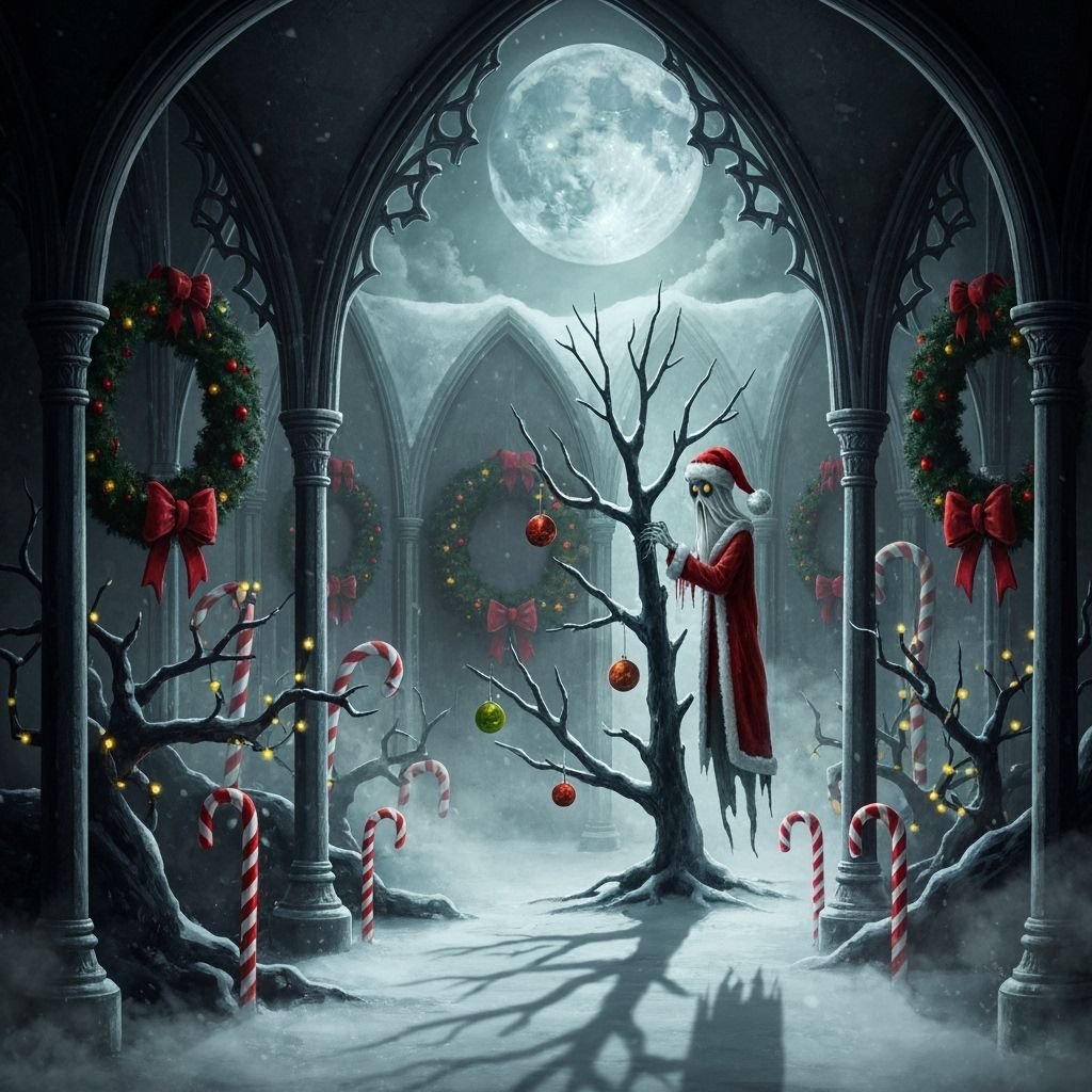 Ghost Decorating Snowy Crypt in Dark Christmas Style