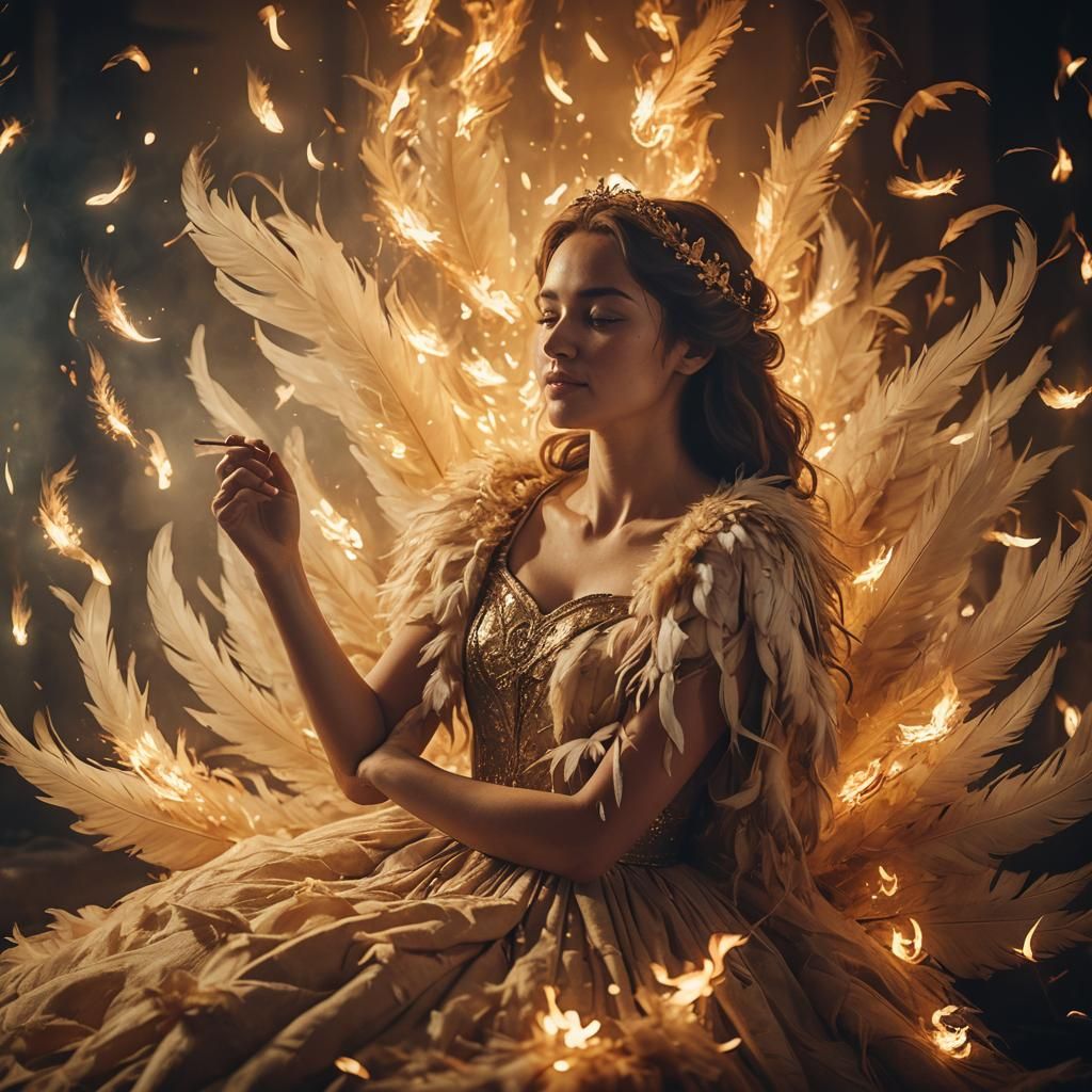 Serene Heart Surrounded by Flames and Feathers