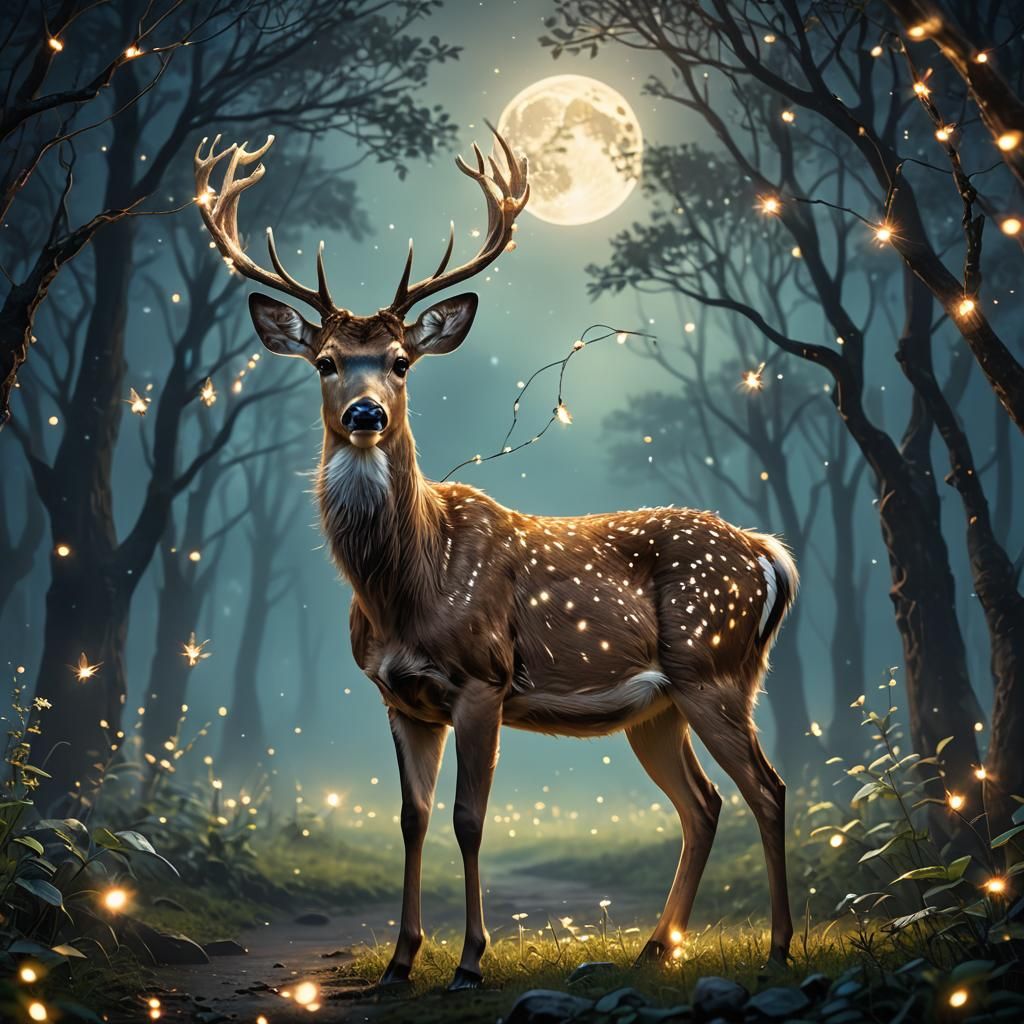 Ethereal Deer in Moonlight With Fireflies
