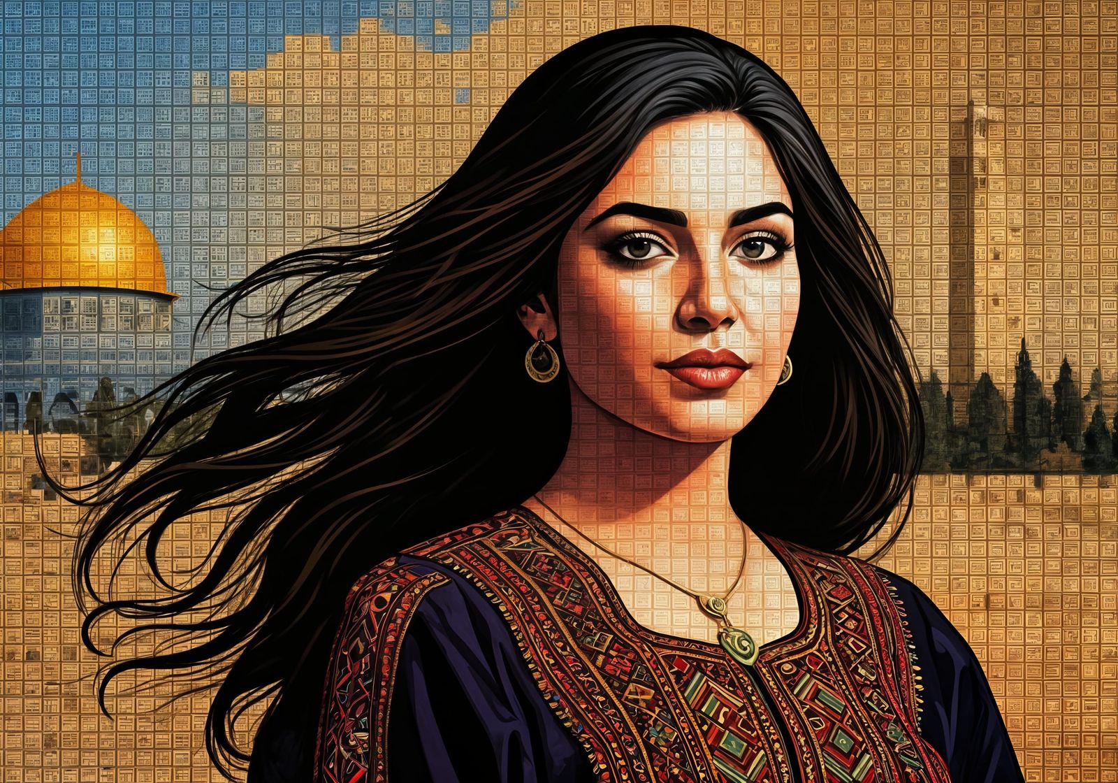 Palestinian Woman Portrait in Pointillism Style