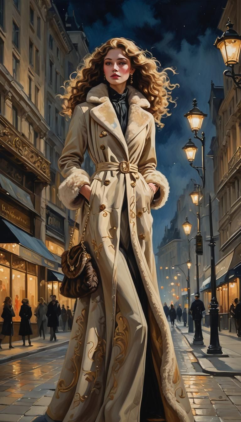 Elegant Woman in Voluminous Attire, Art Nouveau Style