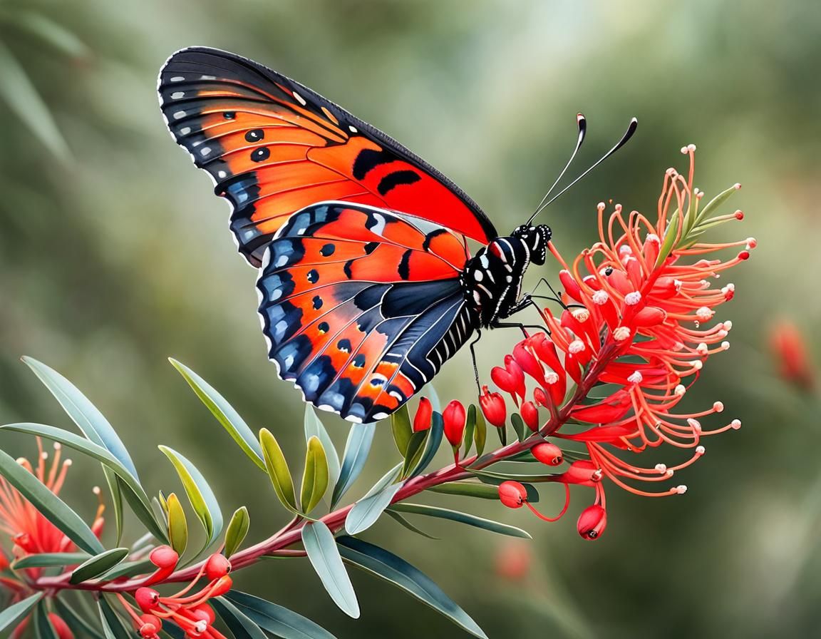 Butterfly Pollinating Red Grevillea in Watercolor Style