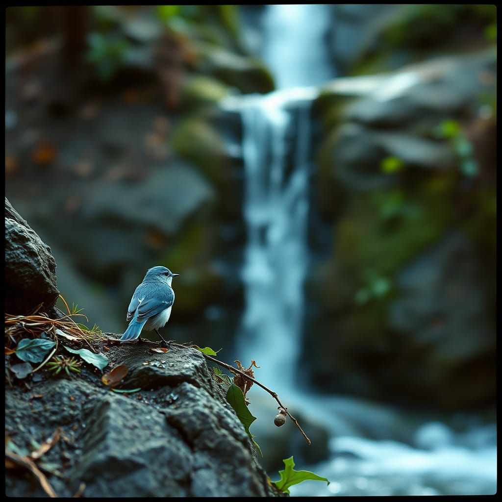 Hyperrealistic Blue Bird Gazing at Mountain Waterfall
