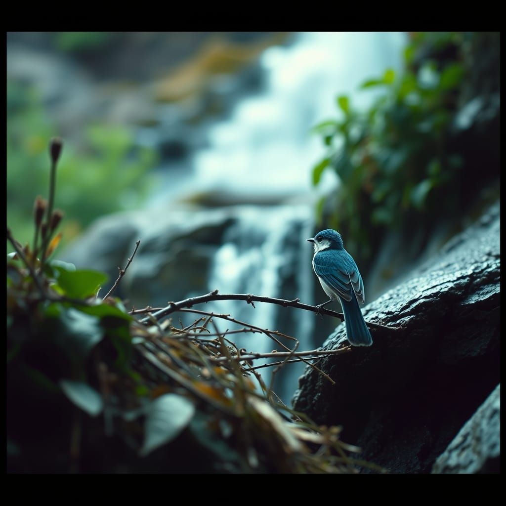 Hyperrealistic Blue Bird Watching Waterfall