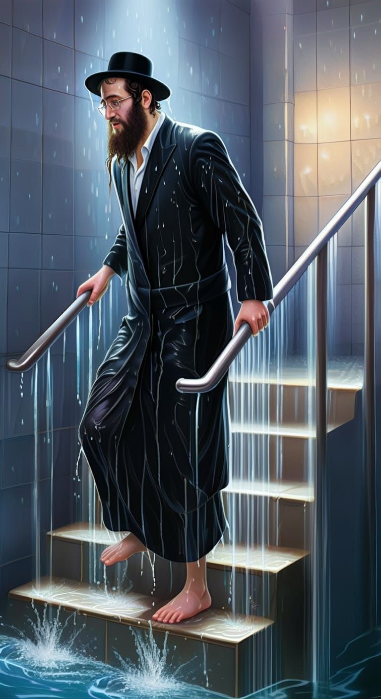Hasidic Man Emerging from Mikvah in Comic Style