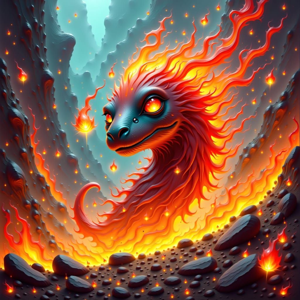 Fiery Heat Elemental in Whimsical Landscape
