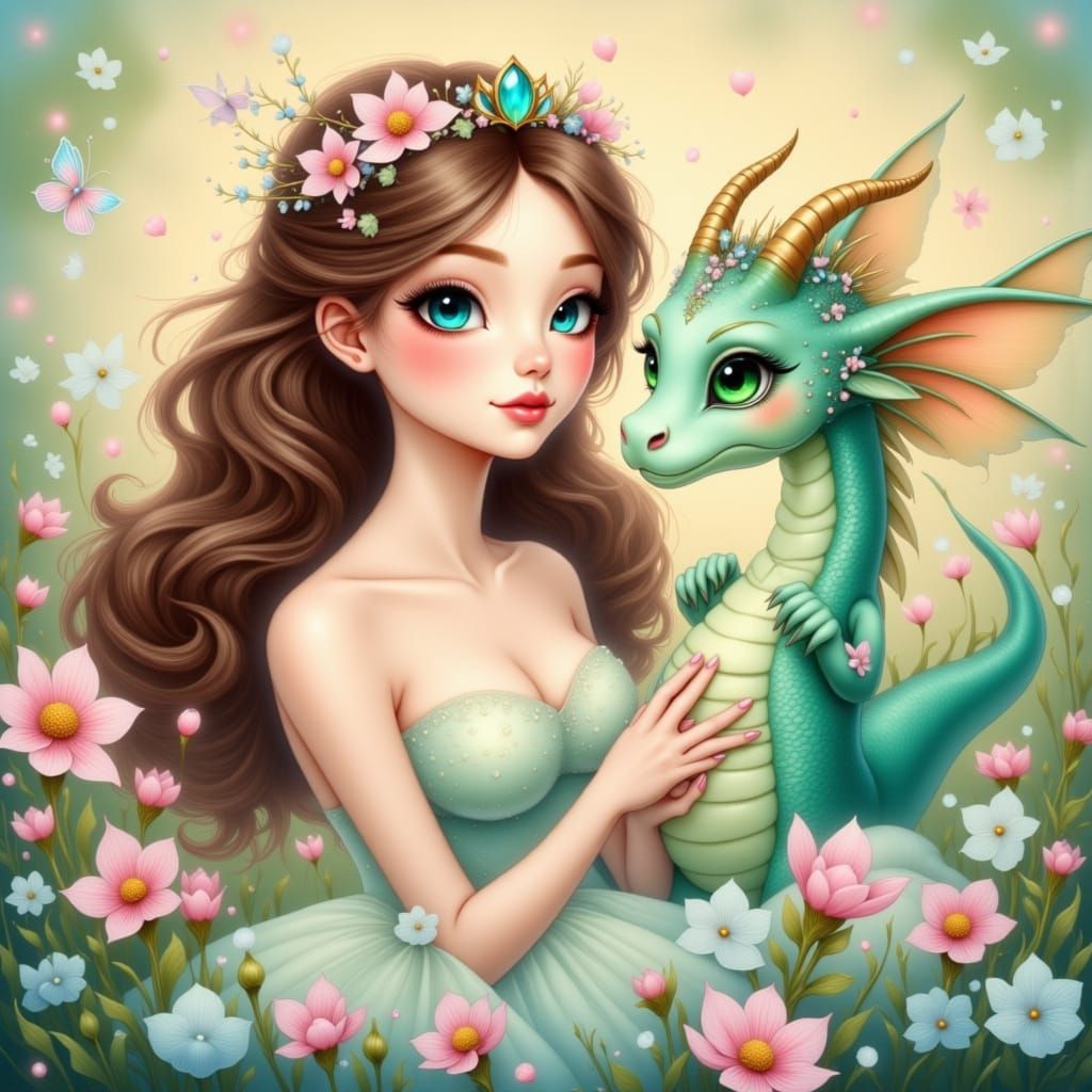 Woman and Dragon Friendship in Sanrio Cartoon Style