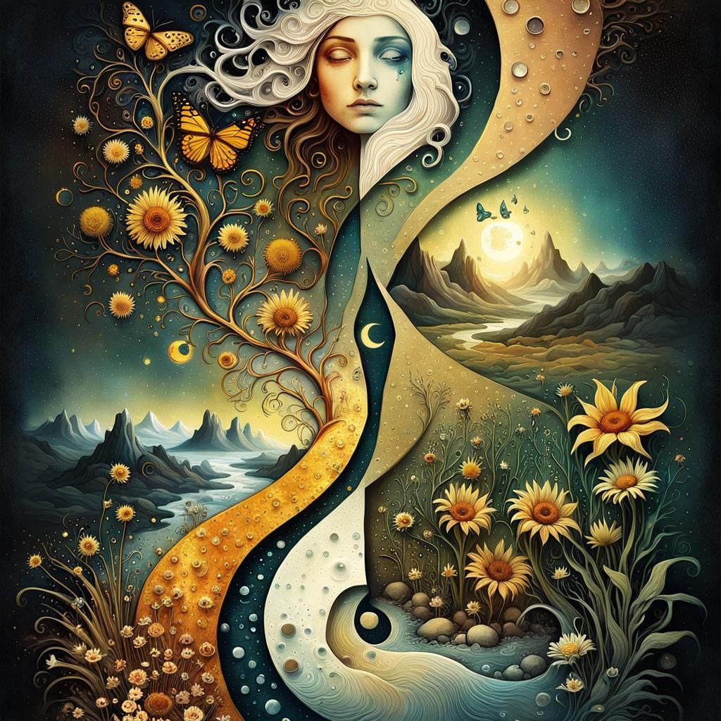 Surreal Yin Yang Hourglass in Watercolor Style