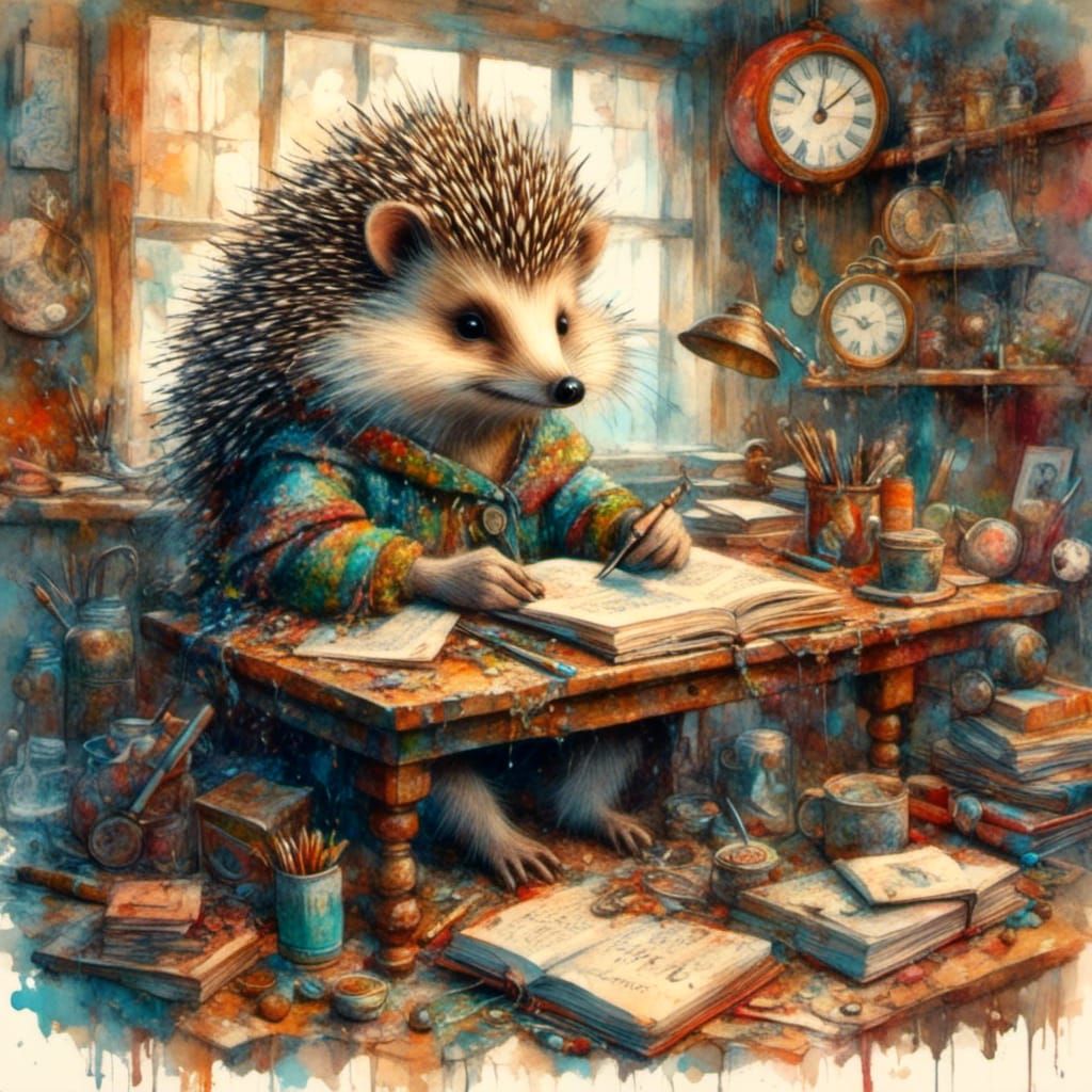 Hedgehog Working in Cluttered Study, Graffiti Art