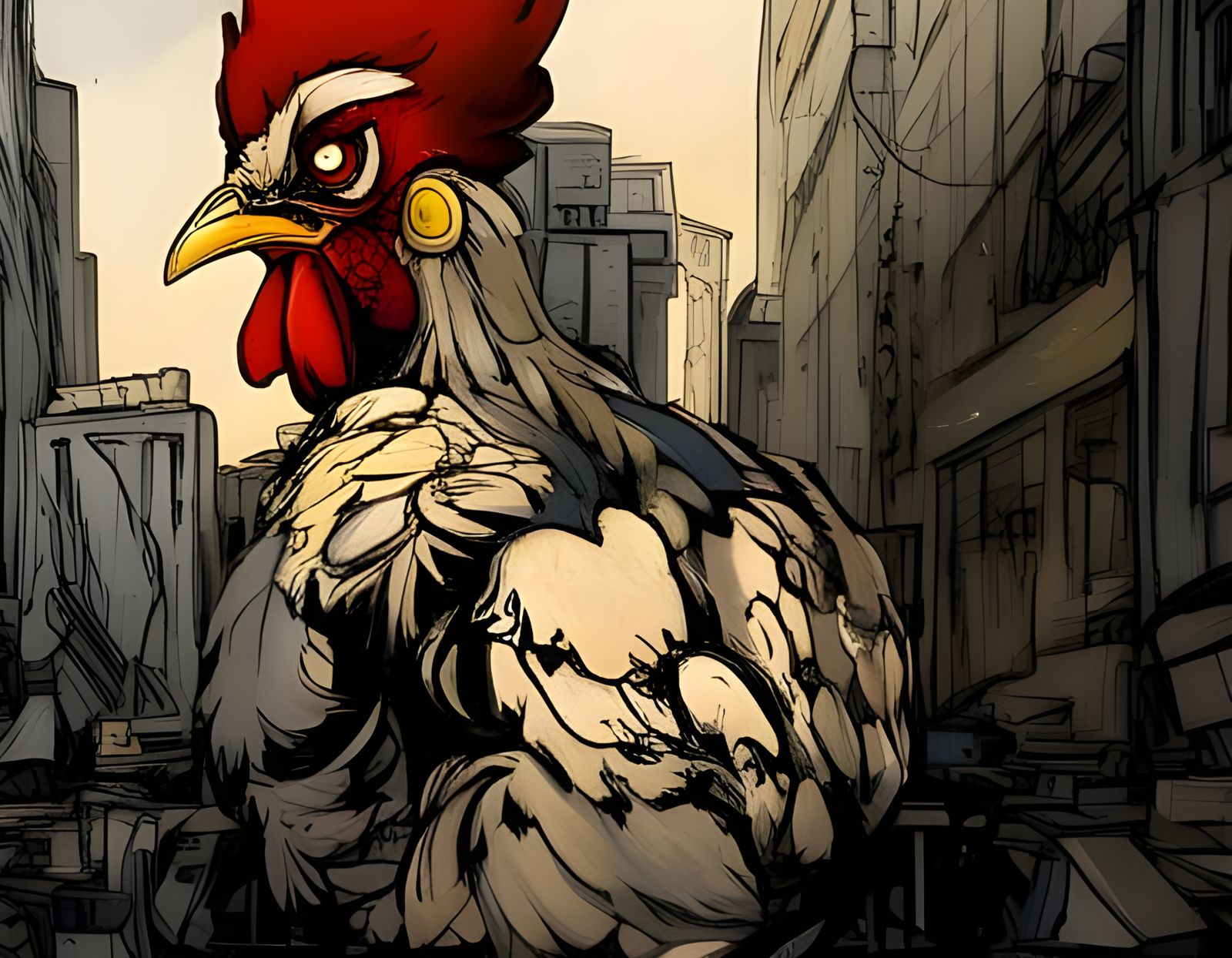 Robotic Rooster Digital Illustration in Splash Art Style