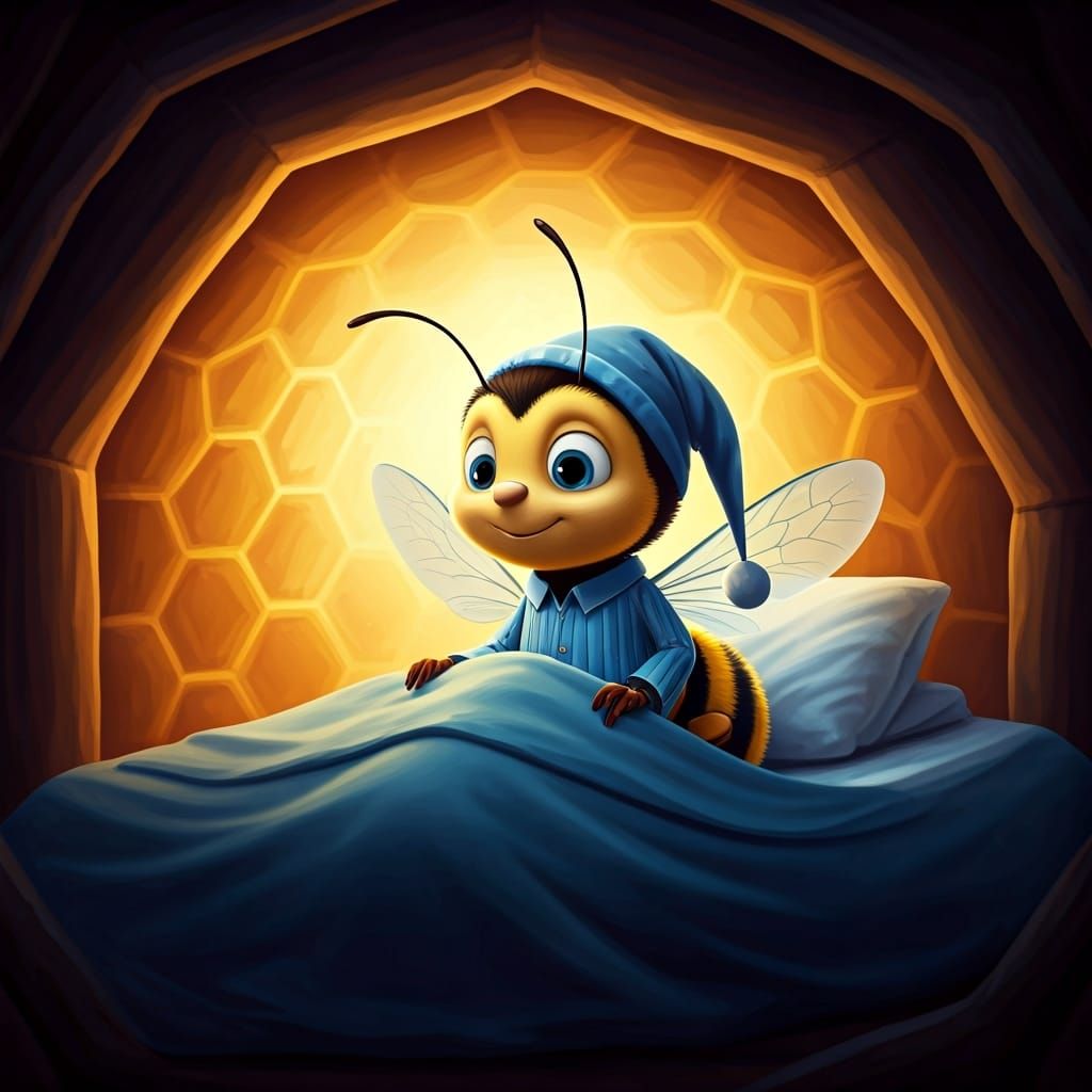 Hyperreal Cartoon Bumblebee Sleeping in Honeycomb Cell