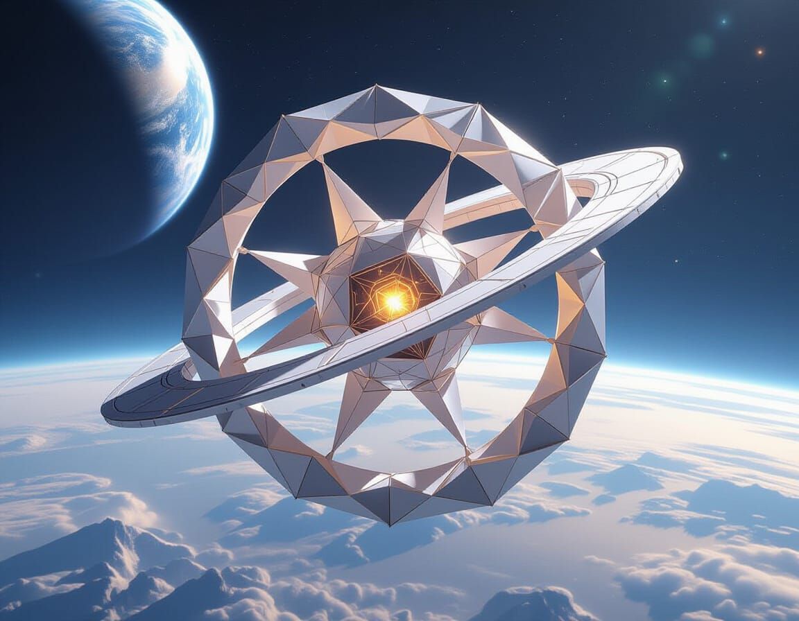 Origami Space Station Orbiting Earth in Syd Mead Style