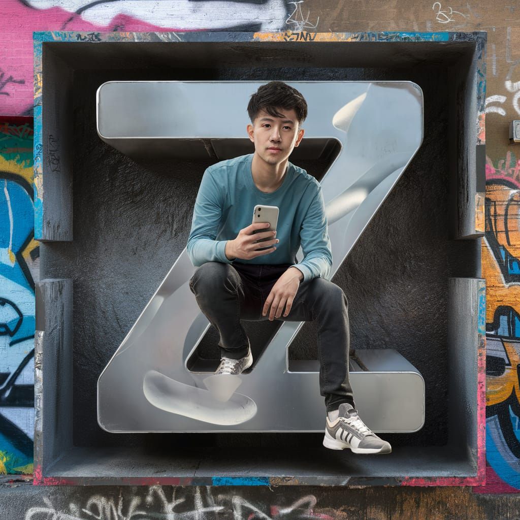 Young Man on Letter Z in Urban Street Art Style